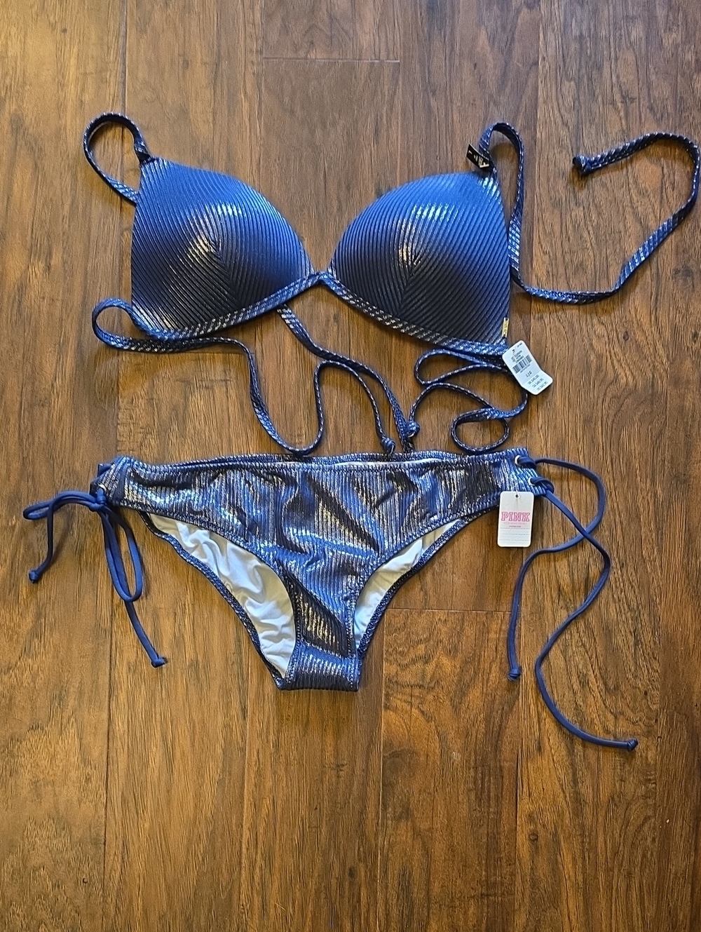 Victoria's Secret-Pink Metallic Denim/Navy Blue String Bikini